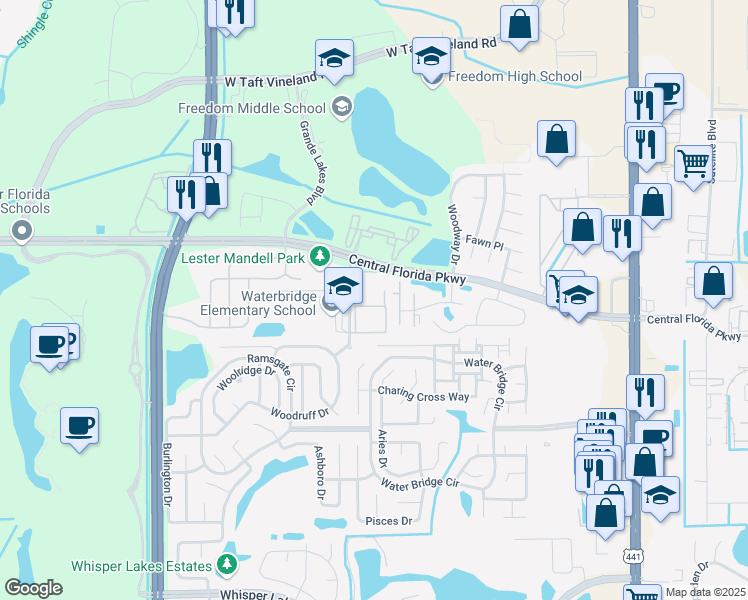 map of restaurants, bars, coffee shops, grocery stores, and more near 10873 Windsor Walk Drive in Orlando