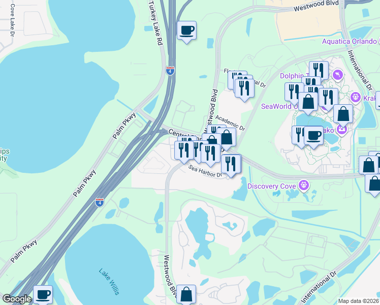 map of restaurants, bars, coffee shops, grocery stores, and more near 6813 Sea Harbor Drive in Orlando