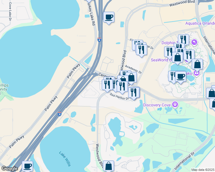 map of restaurants, bars, coffee shops, grocery stores, and more near 6813 Sea Harbor Drive in Orlando