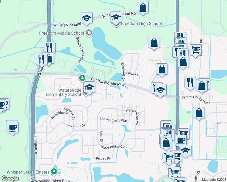 map of restaurants, bars, coffee shops, grocery stores, and more near 11002 Yorkshire Ridge Court in Orlando