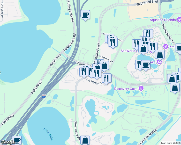 map of restaurants, bars, coffee shops, grocery stores, and more near 6819 Westwood Boulevard in Orlando