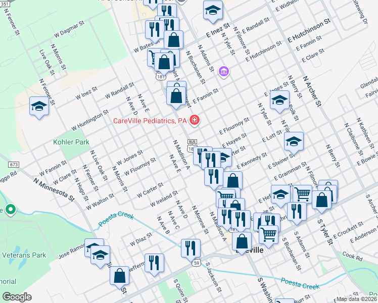 map of restaurants, bars, coffee shops, grocery stores, and more near 907 North Washington Street in Beeville