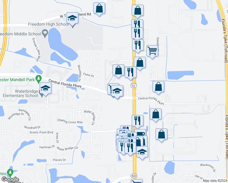 map of restaurants, bars, coffee shops, grocery stores, and more near 2424 Barley Club Court in Orlando
