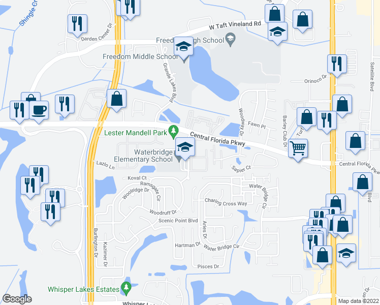 map of restaurants, bars, coffee shops, grocery stores, and more near 10837 Windsor Walk Drive in Orlando