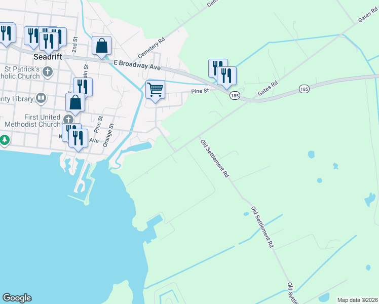 map of restaurants, bars, coffee shops, grocery stores, and more near 58 Gates Road in Seadrift