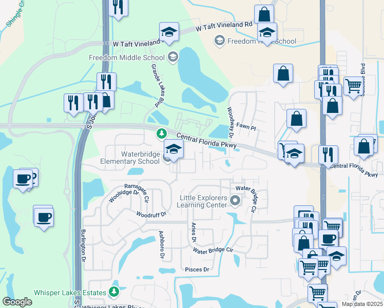 map of restaurants, bars, coffee shops, grocery stores, and more near 10873 Windsor Walk Drive in Orlando