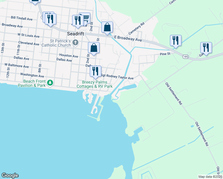 map of restaurants, bars, coffee shops, grocery stores, and more near 300 Bay Avenue in Seadrift
