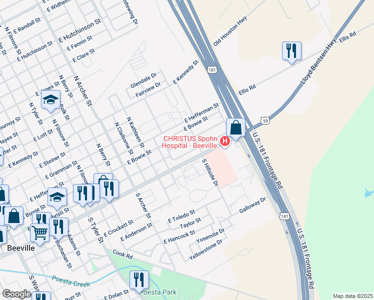 map of restaurants, bars, coffee shops, grocery stores, and more near 1414 East Rosewood Street in Beeville