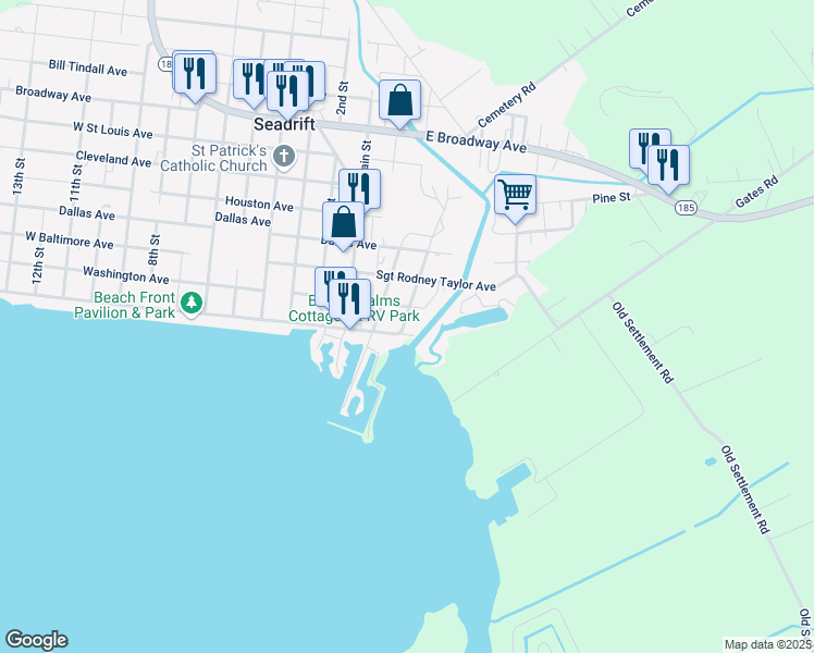 map of restaurants, bars, coffee shops, grocery stores, and more near 300 Bay Avenue in Seadrift