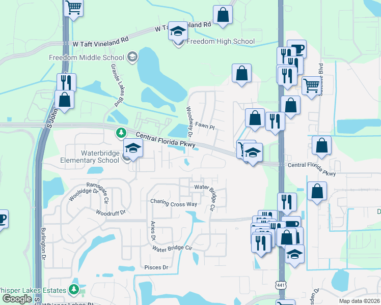 map of restaurants, bars, coffee shops, grocery stores, and more near 11016 Windover Way in Orlando