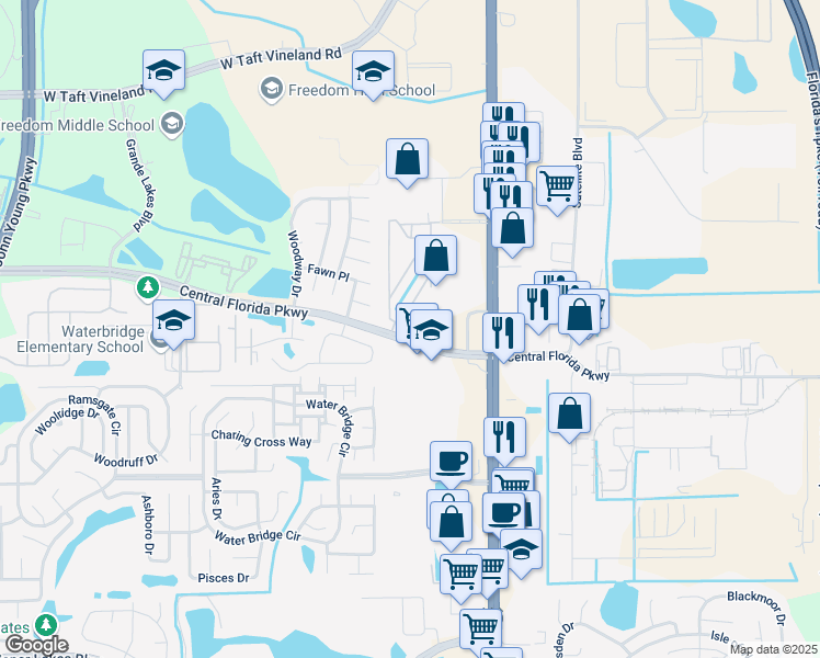 map of restaurants, bars, coffee shops, grocery stores, and more near 2424 Barley Club Court in Orlando