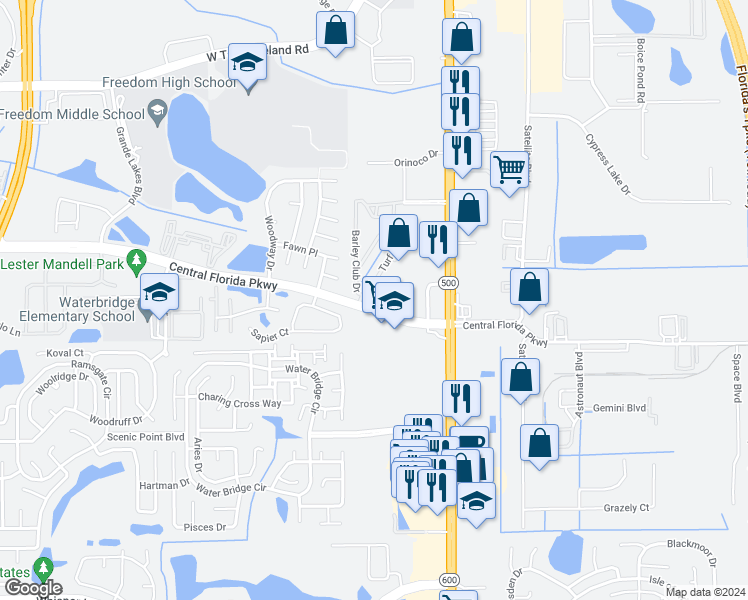 map of restaurants, bars, coffee shops, grocery stores, and more near 2424 Barley Club Court in Orlando