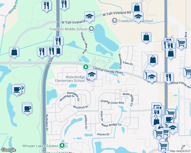 map of restaurants, bars, coffee shops, grocery stores, and more near 10837 Windsor Walk Drive in Orlando