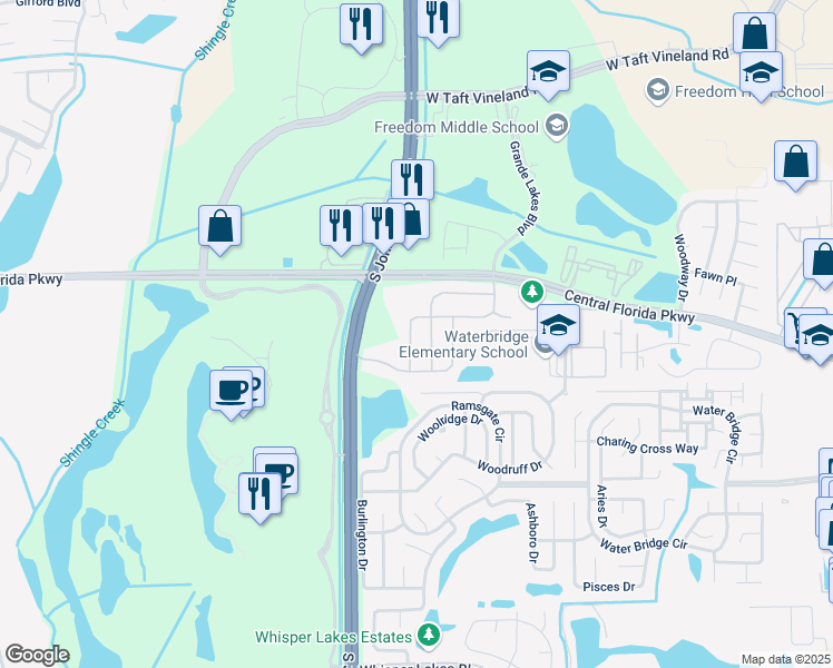 map of restaurants, bars, coffee shops, grocery stores, and more near 11206 Crystal Glen Boulevard in Orlando