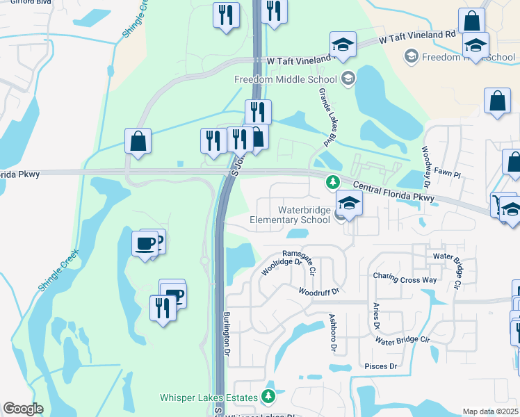 map of restaurants, bars, coffee shops, grocery stores, and more near 11206 Crystal Glen Boulevard in Orlando