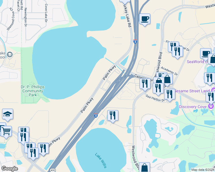 map of restaurants, bars, coffee shops, grocery stores, and more near 7142 Altis Way in Orlando