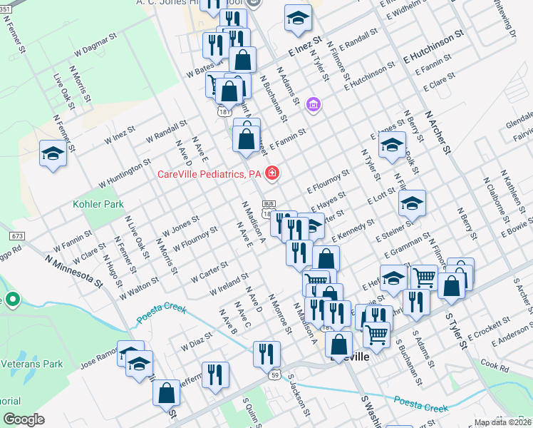 map of restaurants, bars, coffee shops, grocery stores, and more near 907 North Washington Street in Beeville