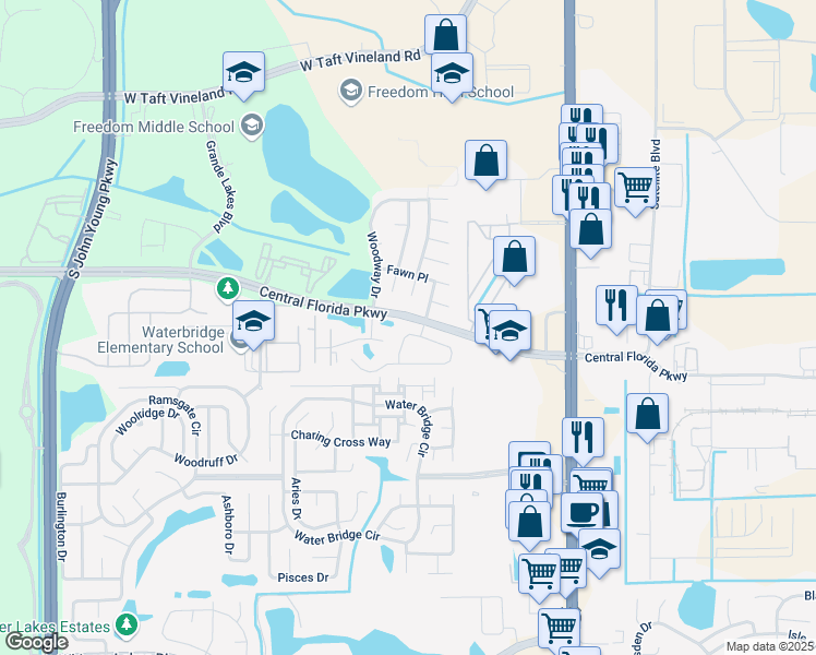 map of restaurants, bars, coffee shops, grocery stores, and more near 2236 Blue Sapphire Circle in Orlando