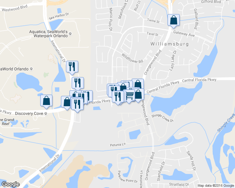 map of restaurants, bars, coffee shops, grocery stores, and more near 10876 Waterford Court in Orlando