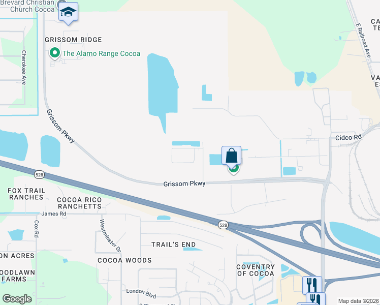 map of restaurants, bars, coffee shops, grocery stores, and more near 3155 Grissom Parkway in Cocoa