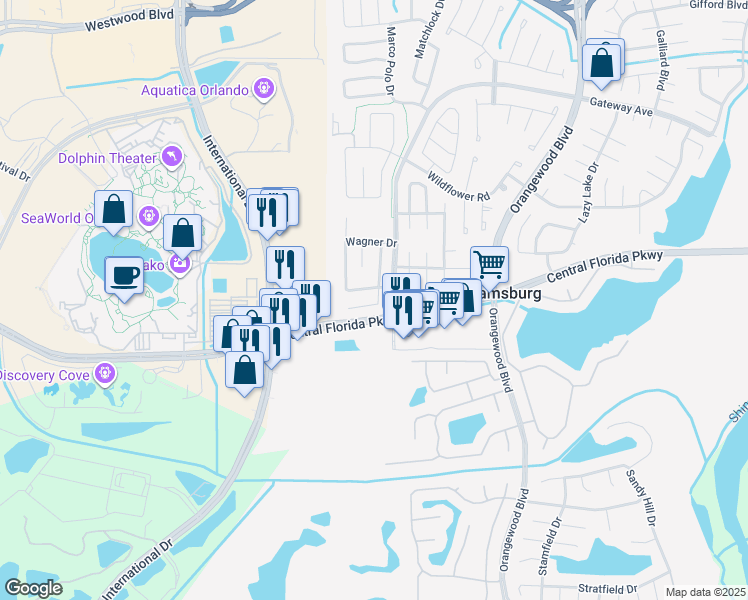 map of restaurants, bars, coffee shops, grocery stores, and more near 10809 Wilderness Court in Orlando