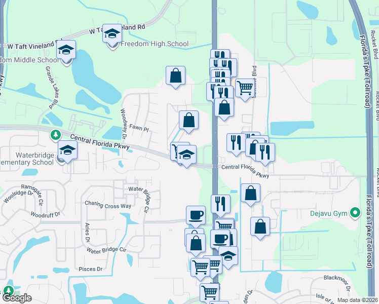 map of restaurants, bars, coffee shops, grocery stores, and more near 2401 Barley Club Court in Orlando