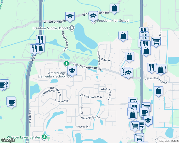map of restaurants, bars, coffee shops, grocery stores, and more near 11002 Yorkshire Ridge Court in Orlando