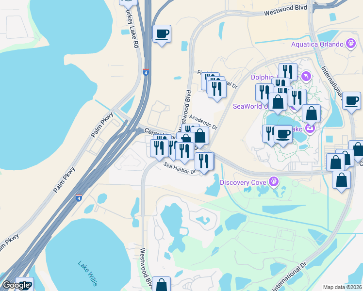 map of restaurants, bars, coffee shops, grocery stores, and more near 6790 Central Florida Parkway in Orlando