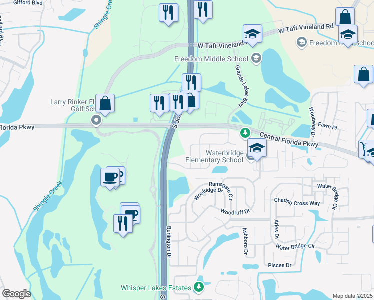 map of restaurants, bars, coffee shops, grocery stores, and more near 11206 Crystal Glen Boulevard in Orlando