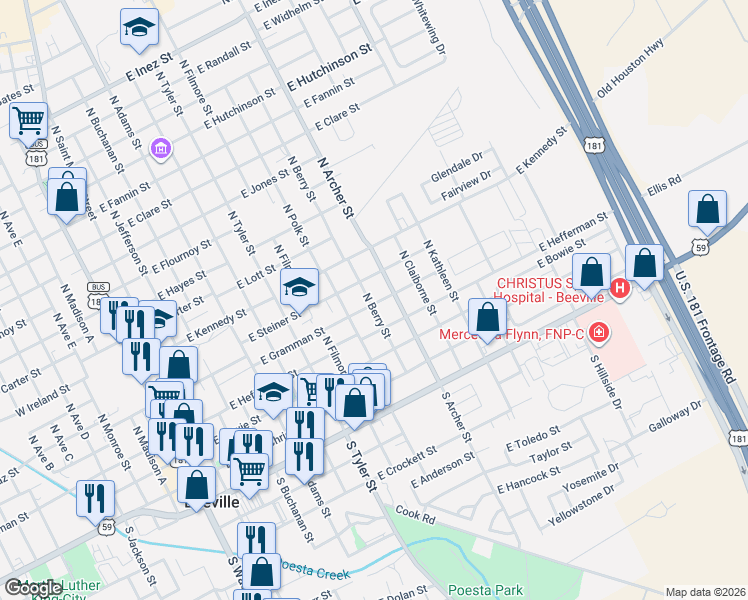 map of restaurants, bars, coffee shops, grocery stores, and more near 901 East Gramman Street in Beeville