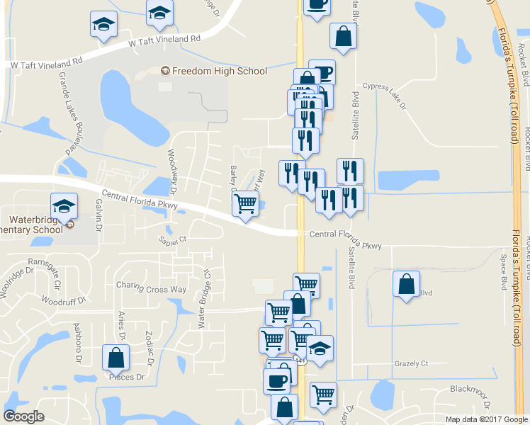 map of restaurants, bars, coffee shops, grocery stores, and more near 2401 Barley Club Court in Orlando