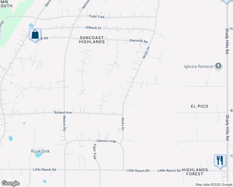 map of restaurants, bars, coffee shops, grocery stores, and more near 17221 Nicks Drive in Spring Hill