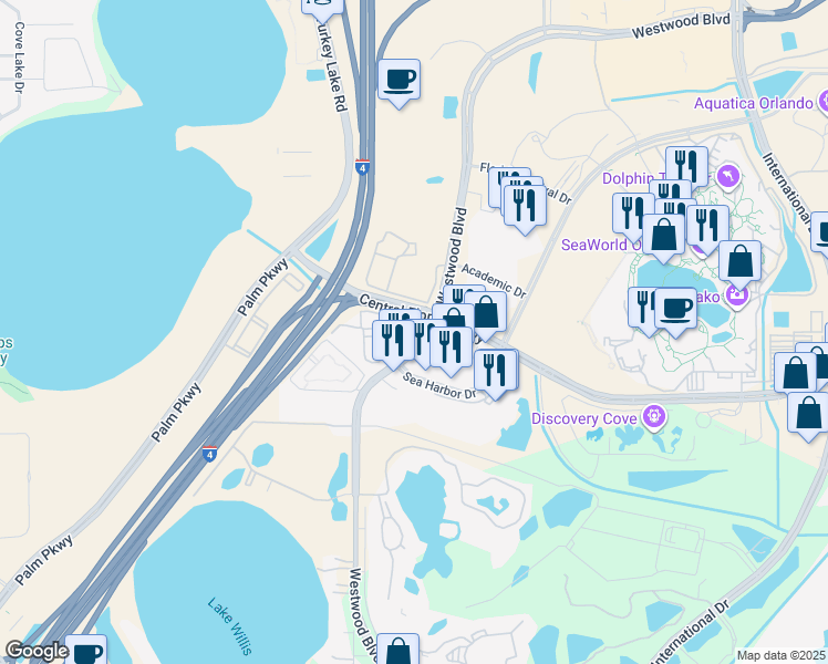map of restaurants, bars, coffee shops, grocery stores, and more near 6813 Sea Harbor Drive in Orlando