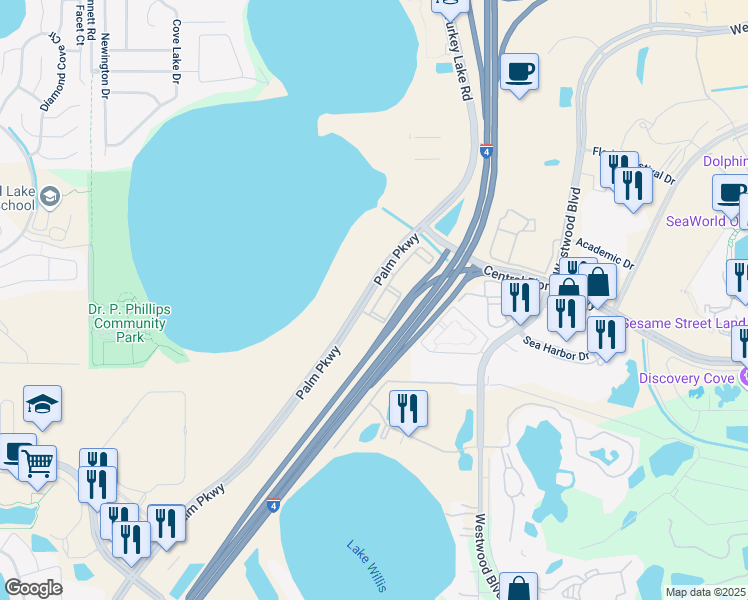 map of restaurants, bars, coffee shops, grocery stores, and more near 7131 Altis Way in Orlando