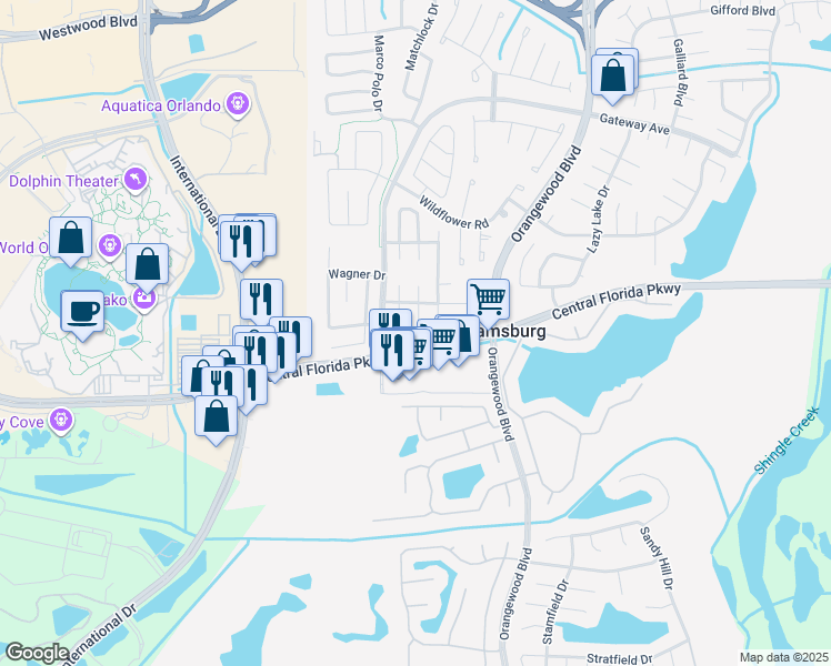 map of restaurants, bars, coffee shops, grocery stores, and more near 10876 Waterford Court in Orlando