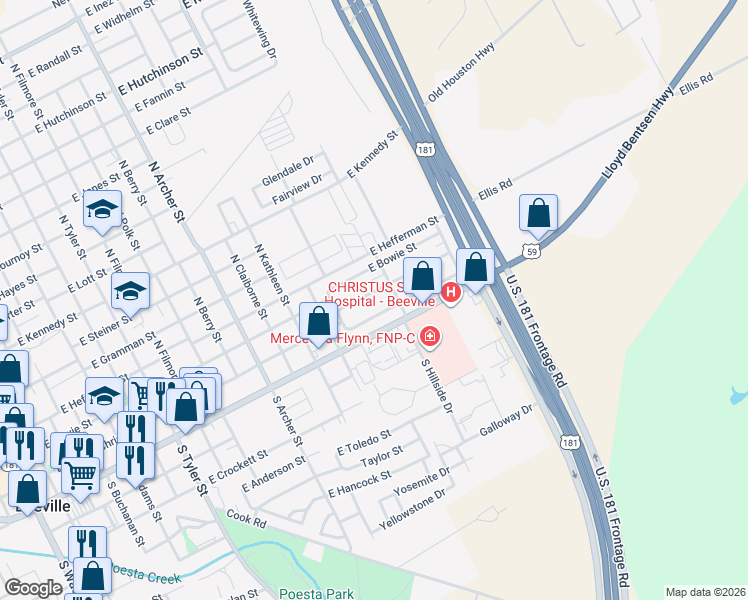 map of restaurants, bars, coffee shops, grocery stores, and more near 1414 East Rosewood Street in Beeville