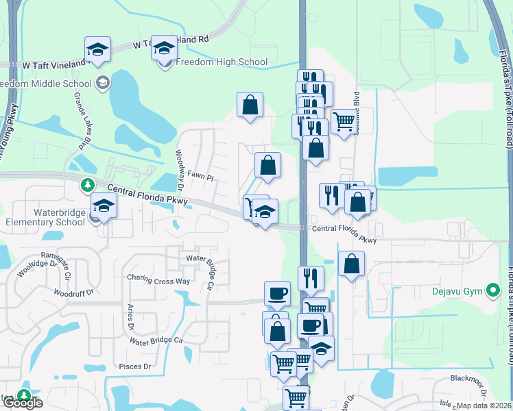 map of restaurants, bars, coffee shops, grocery stores, and more near 2424 Barley Club Court in Orlando