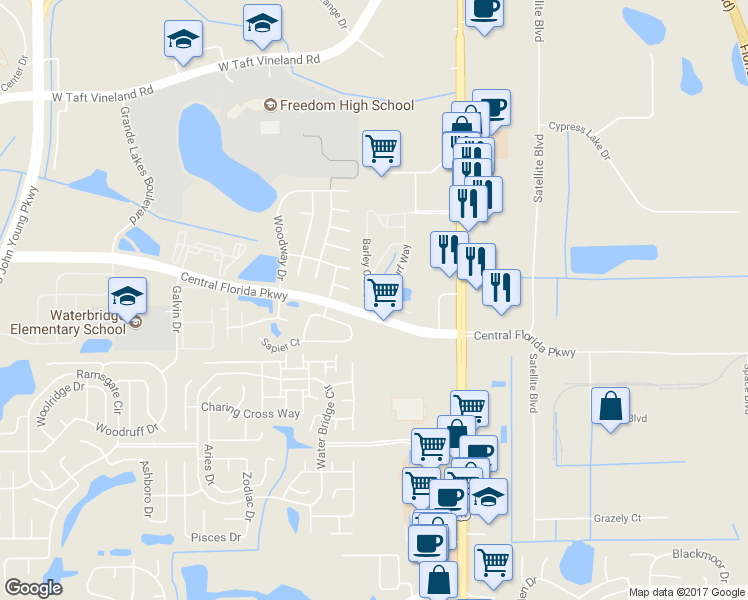 map of restaurants, bars, coffee shops, grocery stores, and more near 2424 Barley Club Court in Orlando