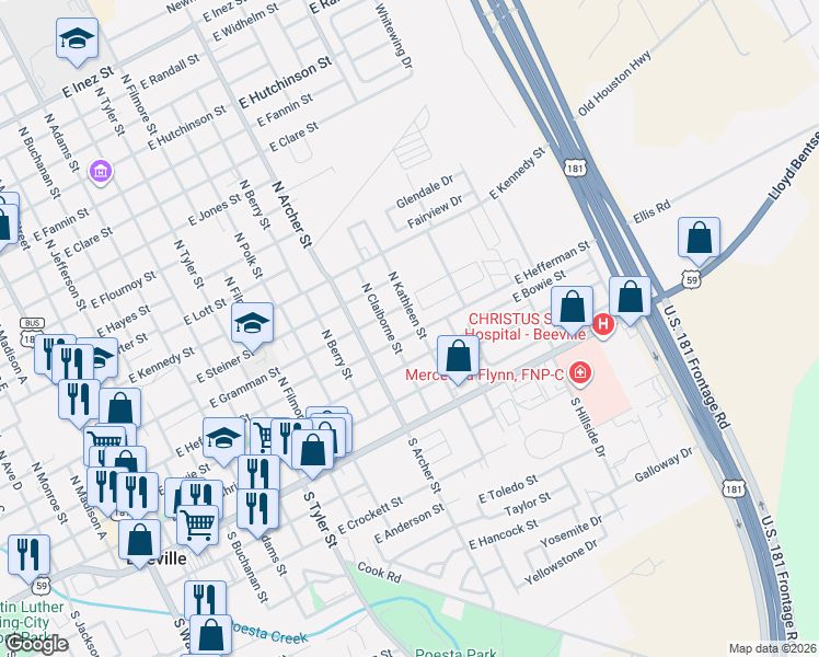 map of restaurants, bars, coffee shops, grocery stores, and more near 1107 East Hefferman Street in Beeville