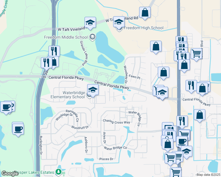 map of restaurants, bars, coffee shops, grocery stores, and more near 11003 Regency Commons Court in Orlando