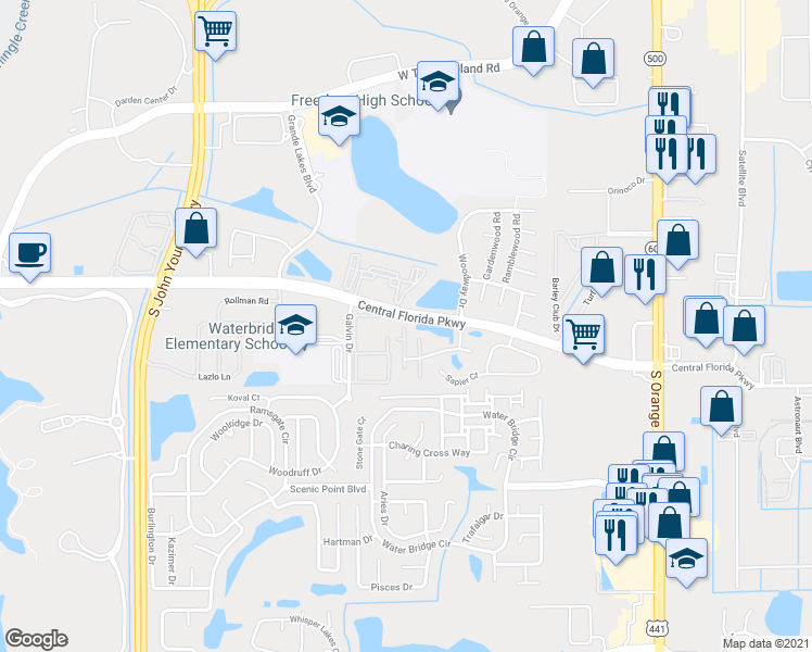 map of restaurants, bars, coffee shops, grocery stores, and more near 10523 Regency Commons Court in Orlando