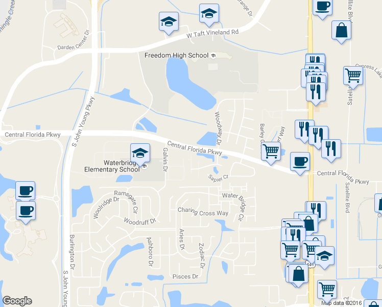 map of restaurants, bars, coffee shops, grocery stores, and more near 10130 Regency Commons Court in Orlando