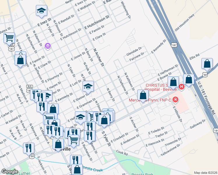 map of restaurants, bars, coffee shops, grocery stores, and more near 901 East Gramman Street in Beeville