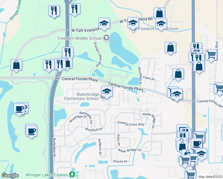 map of restaurants, bars, coffee shops, grocery stores, and more near 10837 Windsor Walk Drive in Orlando