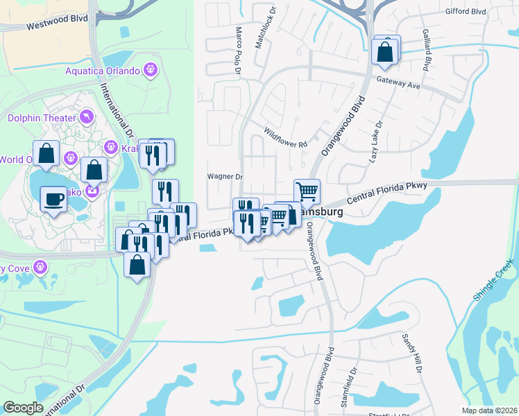 map of restaurants, bars, coffee shops, grocery stores, and more near 10876 Waterford Court in Orlando
