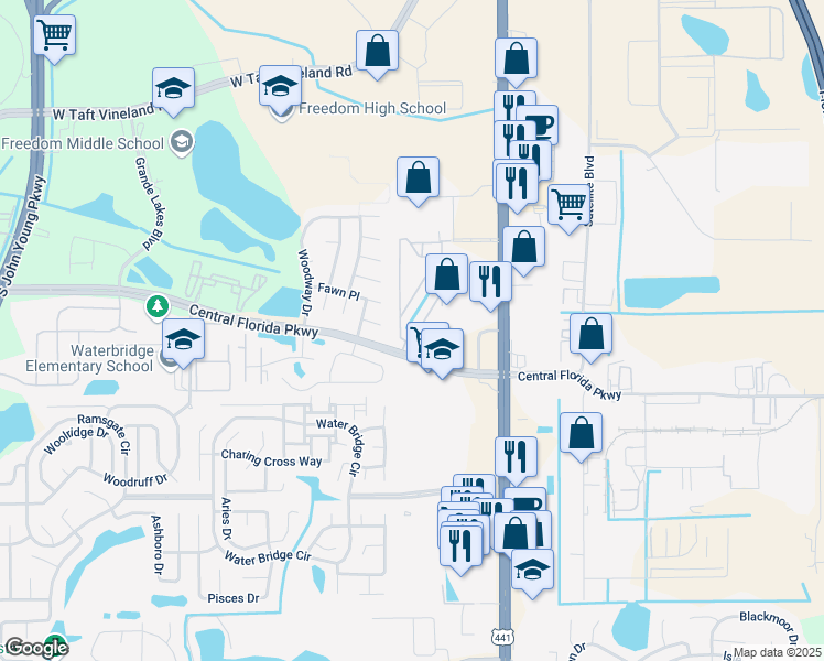 map of restaurants, bars, coffee shops, grocery stores, and more near 2424 Barley Club Court in Orlando