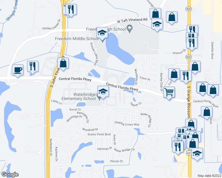 map of restaurants, bars, coffee shops, grocery stores, and more near 10873 Windsor Walk Drive in Orlando