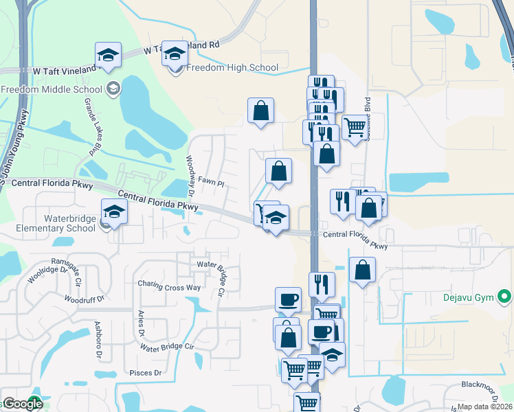 map of restaurants, bars, coffee shops, grocery stores, and more near 2424 Barley Club Court in Orlando