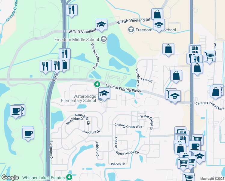 map of restaurants, bars, coffee shops, grocery stores, and more near 10873 Windsor Walk Drive in Orlando