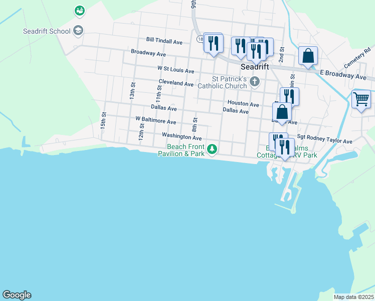 map of restaurants, bars, coffee shops, grocery stores, and more near 804 Bay Avenue in Seadrift
